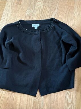 LOFT Black Beaded Neck Cropped Sweater Small Wool Blend Cardigan